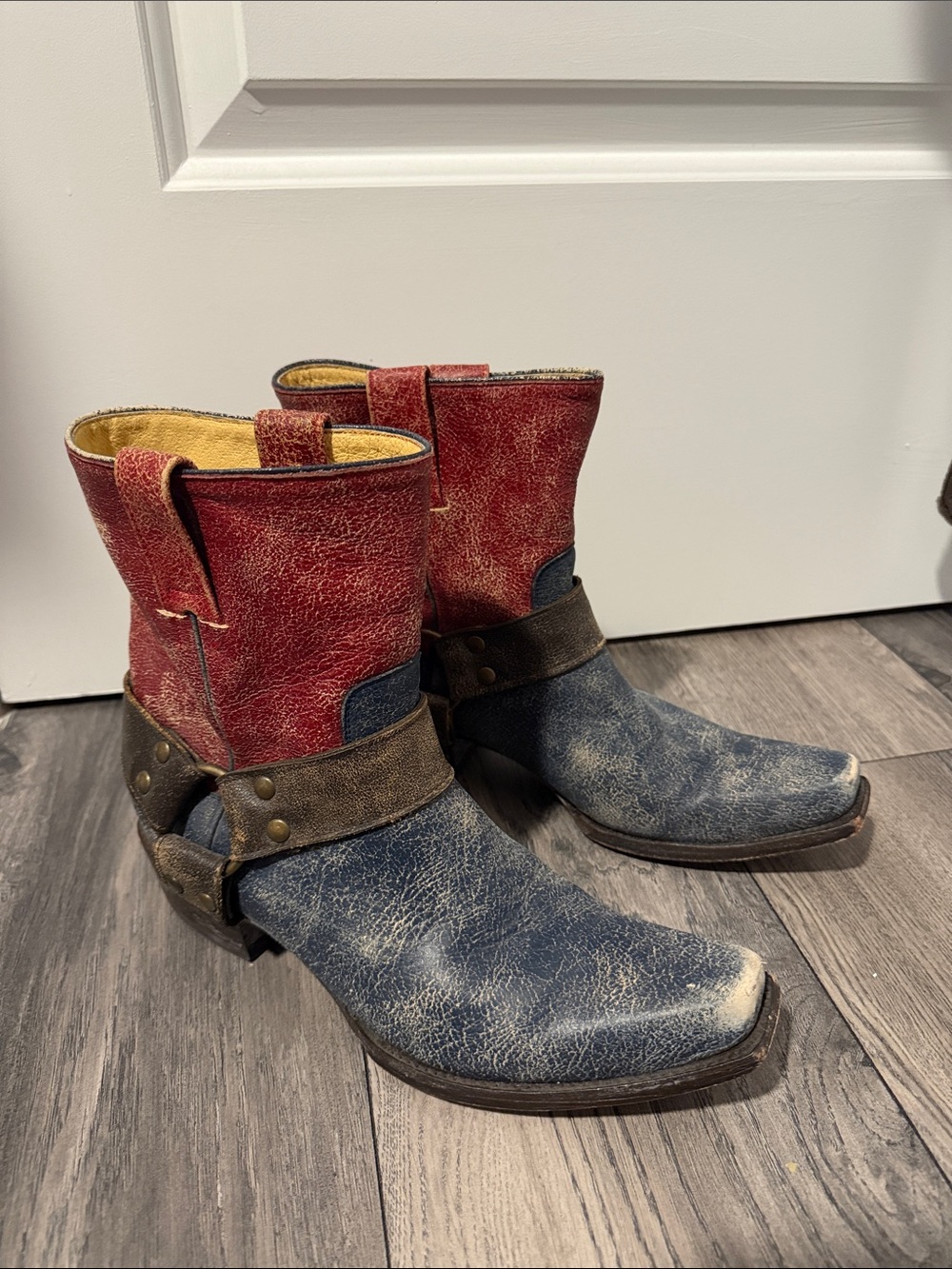 Old Gringo Red and Blue Distressed Leather Harness Boots